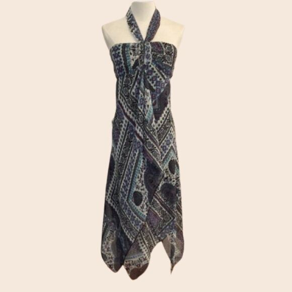 Vintage Nichii Blue and Black printed Bohemian Handkerchief Halter Midi Dress - Picture 1 of 11